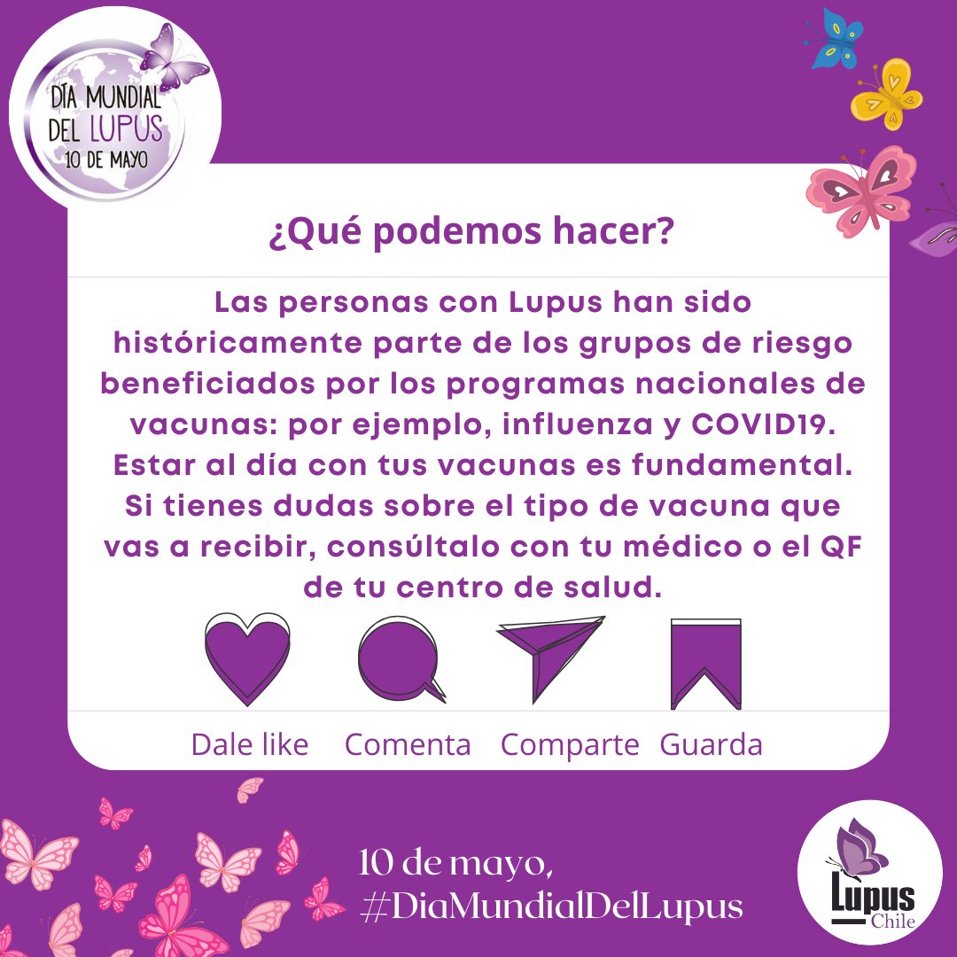 21 de mayo #MesDelLupus, hablamos sobre vacunas.

Las vacunas han logrado disminuir mortandad y erradicar algunas enfermedades en nuestro mundo.
Las vacunas no son más que medicamentos que ayudan a protegernos contra enfermedades graves. 

#DiaMundialDelLupus
#WorldLupusDay