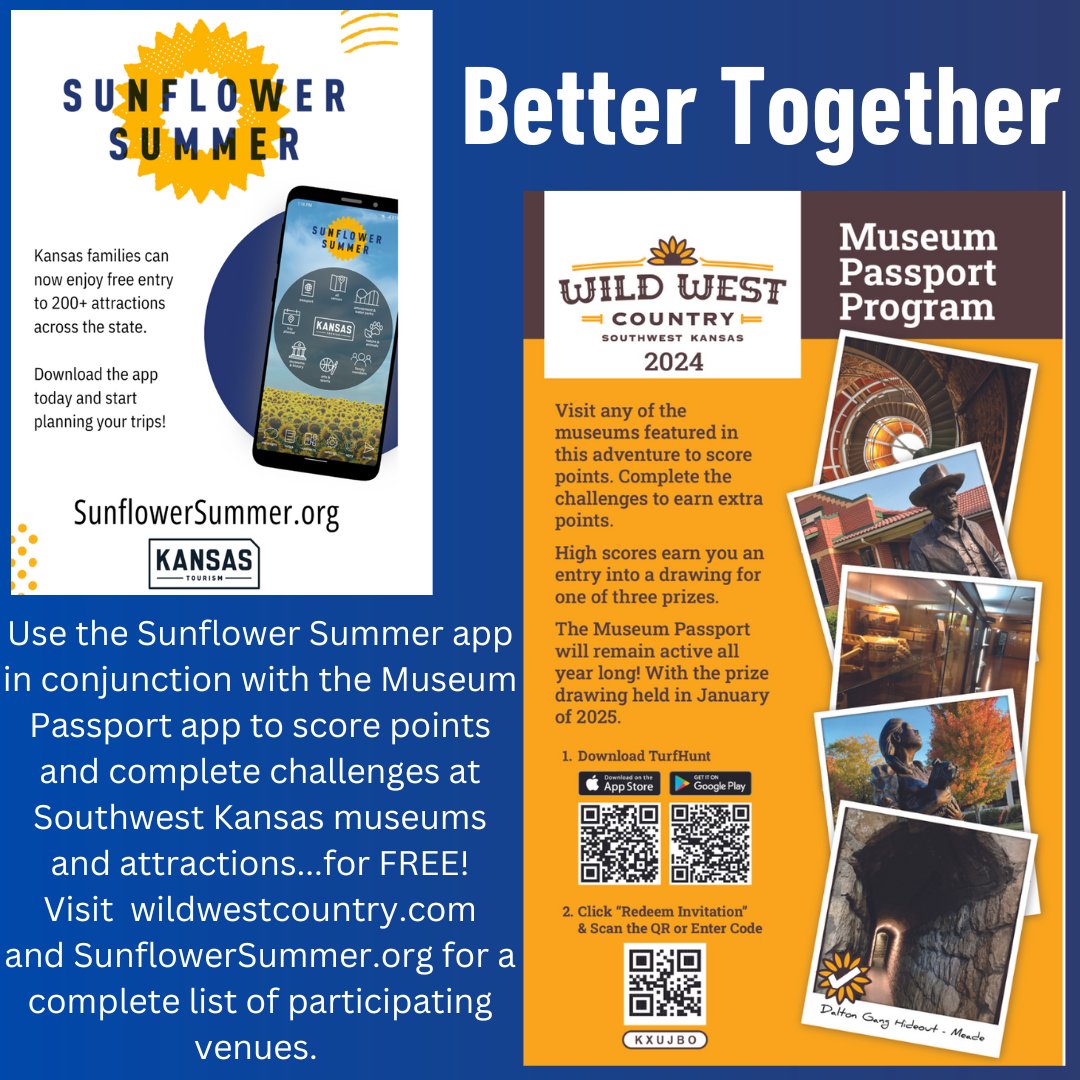 These apps are better together! Kansas families get FREE admissions using the Sunflower Summer app AND you can earn points for your adventures using the Museum Passport Program in Southwest Kansas! #forthelegendary #ToTheStarsKS