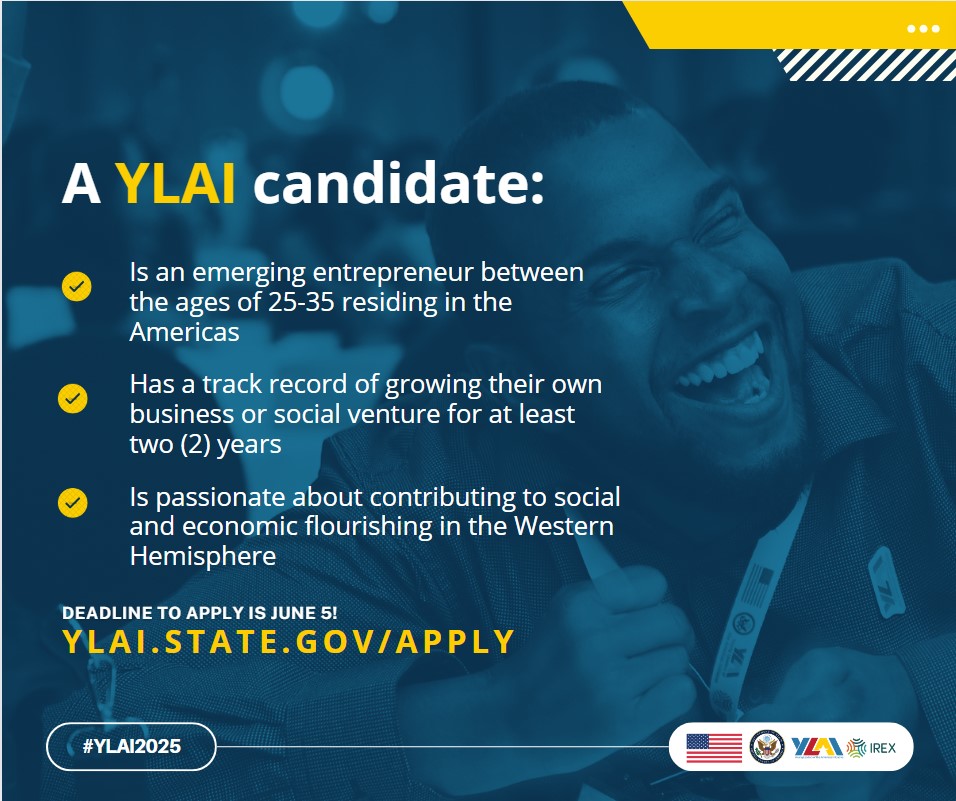 Calling all young Canadian entrepreneurs! Only two weeks left to apply for the Young Leaders of the Americas Initiative. Join leaders from across the Americas and spend four weeks in the United States with 280 other Fellows. 

For more details, visit - ylai.state.gov/fellowship/