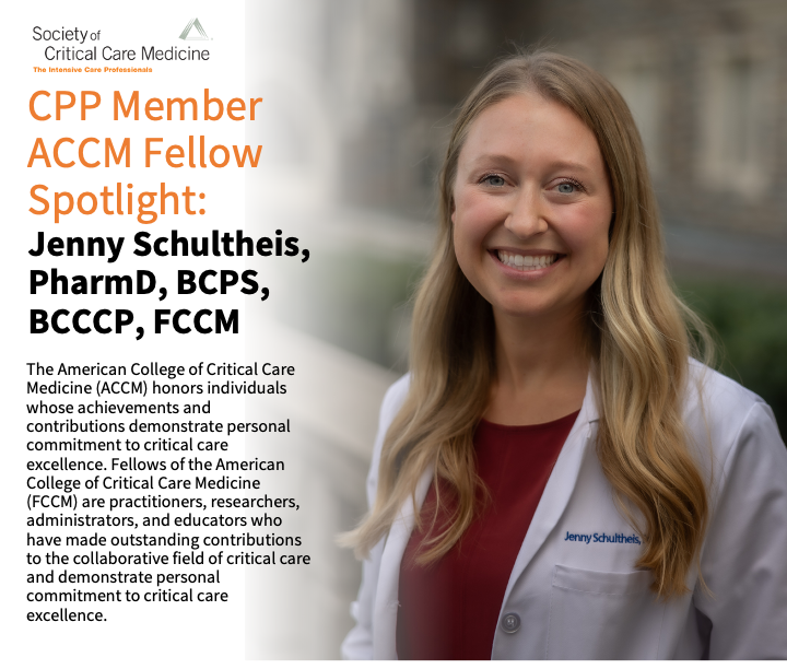✨FCCM Spotlight: Jenny Schultheis, PharmD, BCPS, BCCCP, FCCM✨

Dr. Jenny Schultheis is a critical care clinical pharmacist in the Medical ICU at Duke University Hospital in Durham, North Carolina. #PharmICU