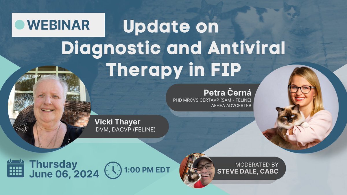 EveryCat Webinar: An Update on Diagnostic and Antiviral Therapy in FIP,  with Dr. Petra Černá &amp; Dr. Vicki Thayer  
06/06/2024 1:00 PM EDT.
ow.ly/QRjY50RRyFr

#endFIP #fipsurvivor #zenbycat #fipawareness #fipcats #everycathealth #cathealth #felinehealth #felinemedicine