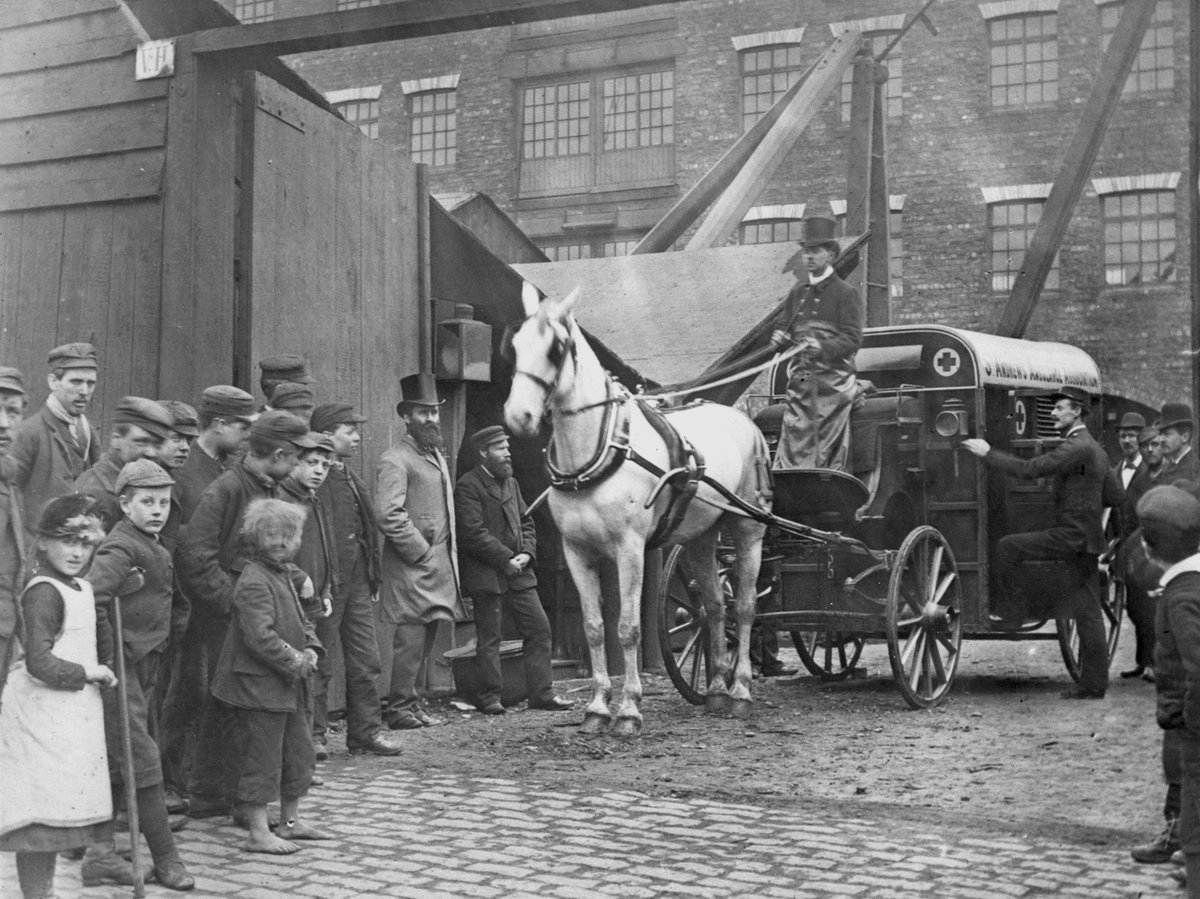 St Andrew's Ambulance Association horse-drawn ambulance attending industrial accident, c.1880s. Formed in 1882 to tackle growing injured in road accidents or at work, and not able to obtain first aid. Sick or injured were often unable to get to hospital Archive ref: P1960