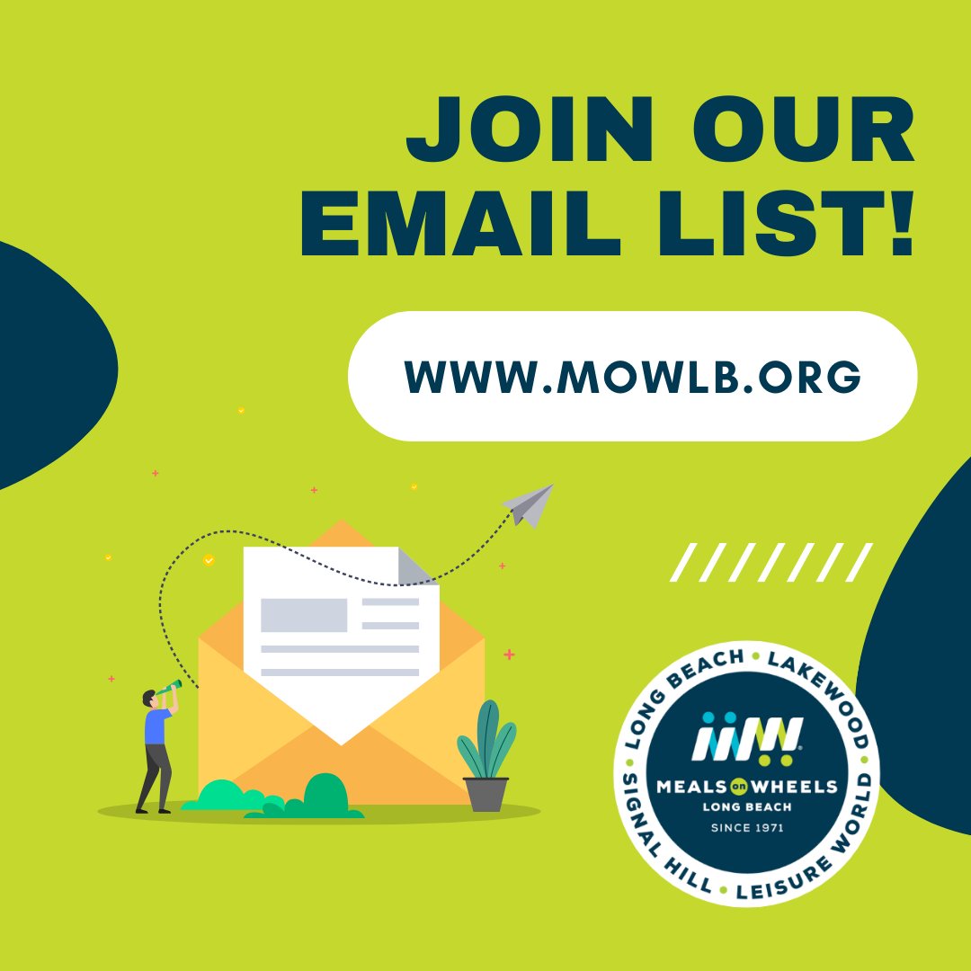 To receive our monthly newsletters and regular program updates, sign up today!

Visit us at mowlb.org and scroll to the bottom to join our email list.

#emaillist#mowlb #mealsonwheels #makeadifference #joinnow