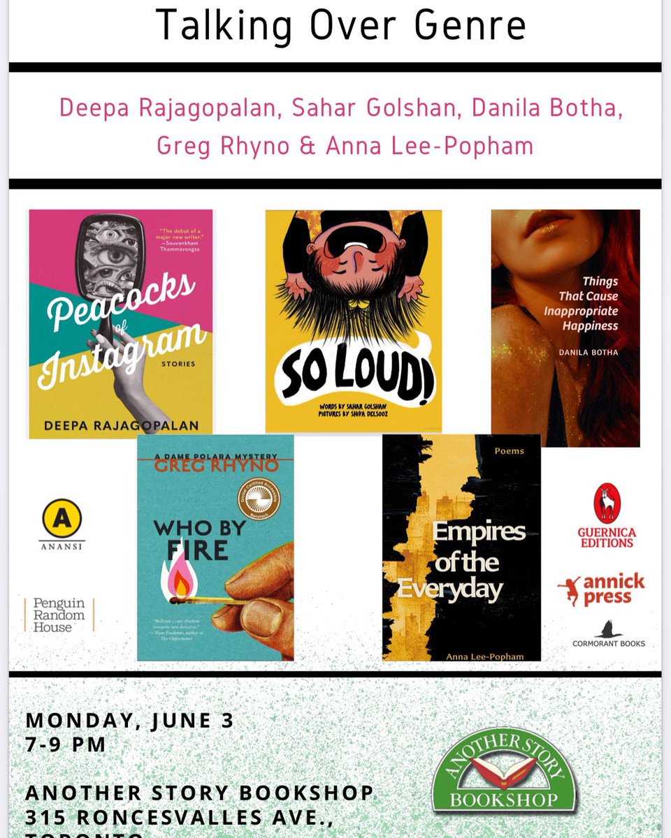 So excited to be part of this wonderful event at @AnotherStoryTO with the amazing @SaharGolshan @derajagopalan @GregRhyno @AnnaMorganLP on June 3rd from 7-9pm 💗💗💗📚🎉 so excited to read and discuss genre with these incredible authors 📚🧡🧡🧡