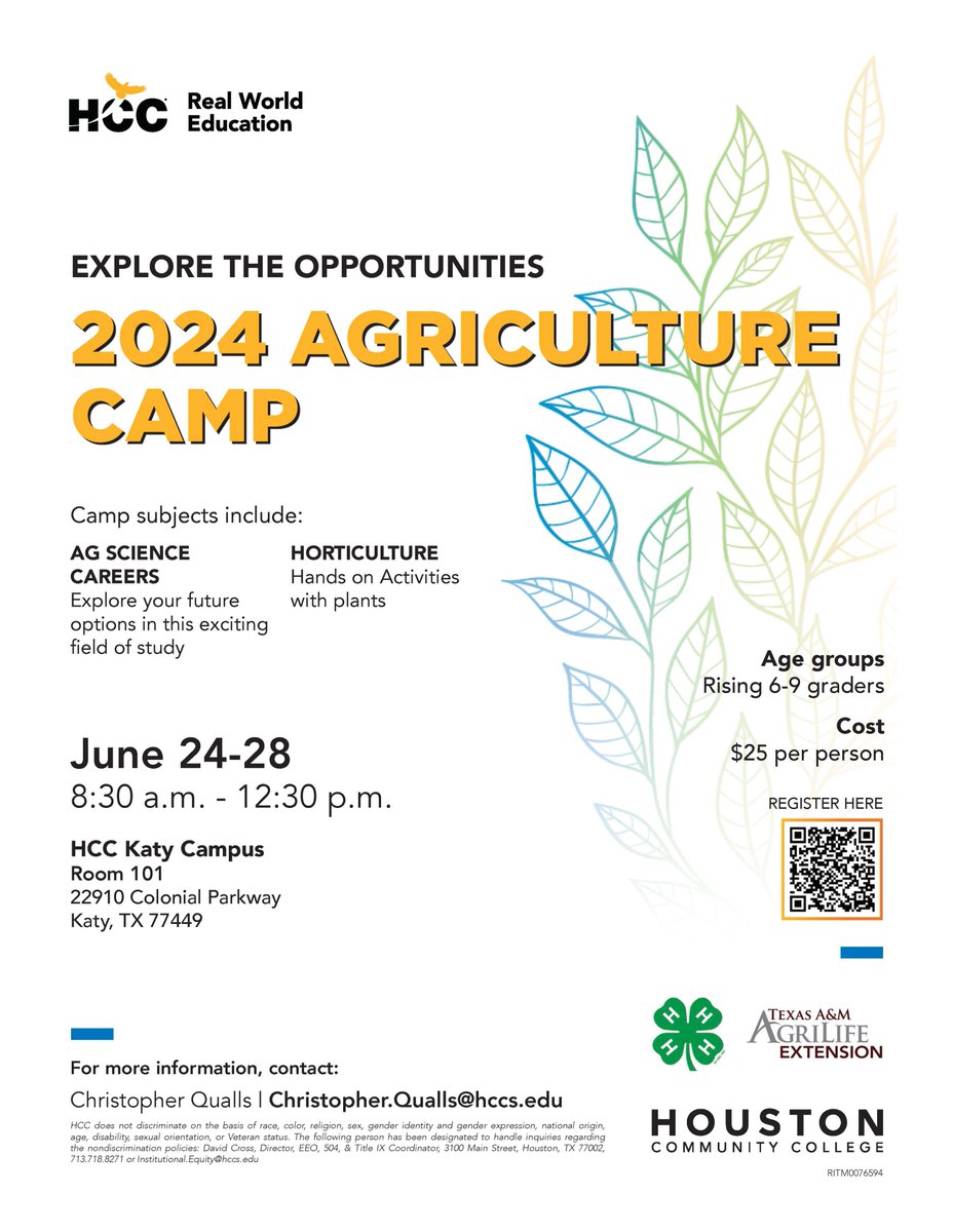 HCC Northwest (@hccnorthwest) on Twitter photo Looking for something fun and educational for the kids this summer? Get them registered for <a href="/WeAreHCCS/">Houston Community College Official</a> 2024 Agriculture Camp, June 24-28, at the Katy campus. Scan the QR code to register. More information, contact Christopher.qualls@hccs.edu #wearehcc #summercamp #agriculture Looking for something fun and educational for the kids this summer? Get them registered for <a href="/WeAreHCCS/">Houston Community College Official</a> 2024 Agriculture Camp, June 24-28, at the Katy campus. Scan the QR code to register. More information, contact Christopher.qualls@hccs.edu #wearehcc #summercamp #agriculture