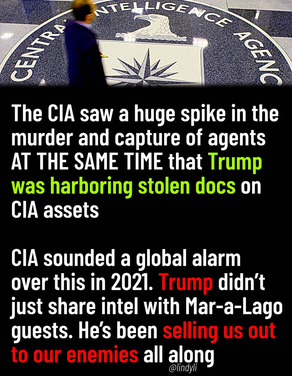 🟥🟥🟥 Yes it’s damning Trump kept 2 rounds of stolen docs even AFTER the FBI search You know what’s worse though? Trump’s theft of CIA intel coincided with a HUGE SPIKE in the murder of agents This traitor shed American blood — Lindy Li