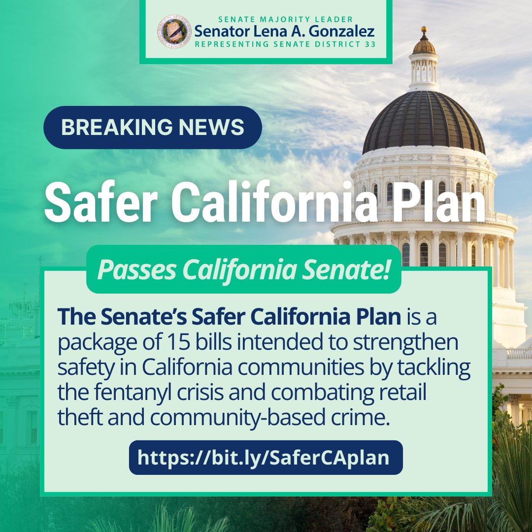 The Senate passed the Safer CA Plan today, featuring 15 bills to enhance community safety by addressing the fentanyl crisis, retail theft, & community-based crime. Thanks to @CASenateProTem & colleagues for your leadership & support. ➡️ bit.ly/SaferCAplan