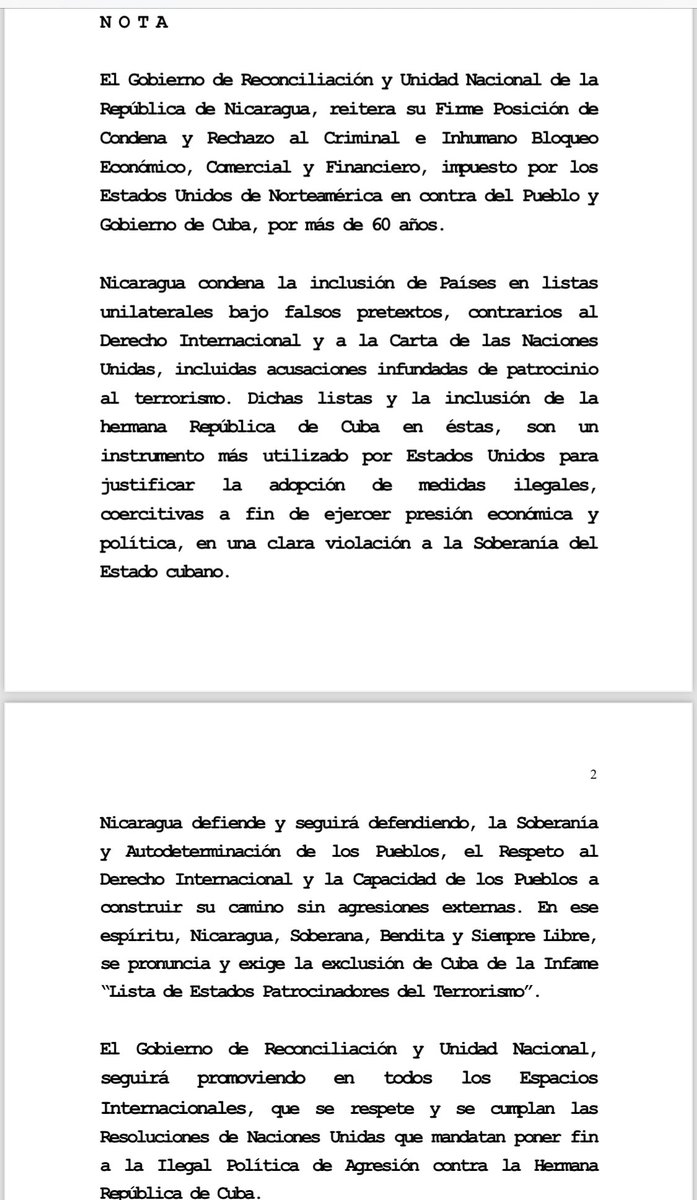 Nicaragua condena las acusaciones infundadas de que Cuba patrocina el terrorismo y los falsos pretextos para incluir países en listas unilaterales.