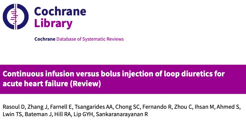 Proud to share mentee & research fellow @Rasoul_D ‘s 1st paper from his MD project @LiverpoolCCS @LivUni doi.org/10.1002/146518… ❇️@CochraneLibrary Systematic review of intravenous diuretic strategies-continuous Vs. bolus ❇️ ≈ Similar clinical outcomes