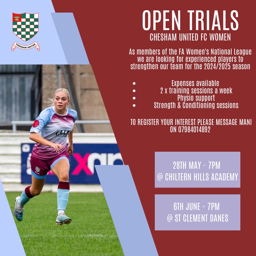 Trial Dates🚨🚨 As this season ends, we’re gearing up for senior player recruitment for our next campaign! If you have experience in tier 4 or want to challenge yourself in the @FAWNL then register your interest 📍Chiltern Hills Academy- 28th May 📍St Clement Danes - 6th June