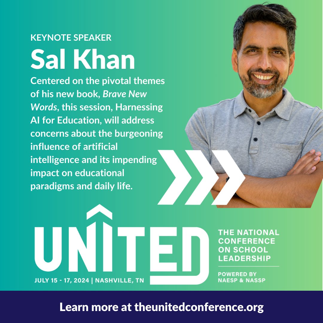 Excited to announce that @salkhanacademy, an innovator in education, will be a keynote speaker at the much-anticipated #principalsUNITED Conference! Join @NAESP & @NASSP in Nashville from July 15-17 to hear from the best in the field. Register today: theunitedconference.org/register/