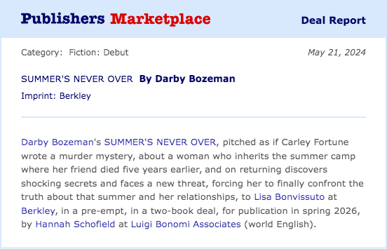 Update! I am thrilled to have found SUMMER'S NEVER OVER its perfect home with Lisa and the Berkley team! Congratulations Darby 🥳🥳