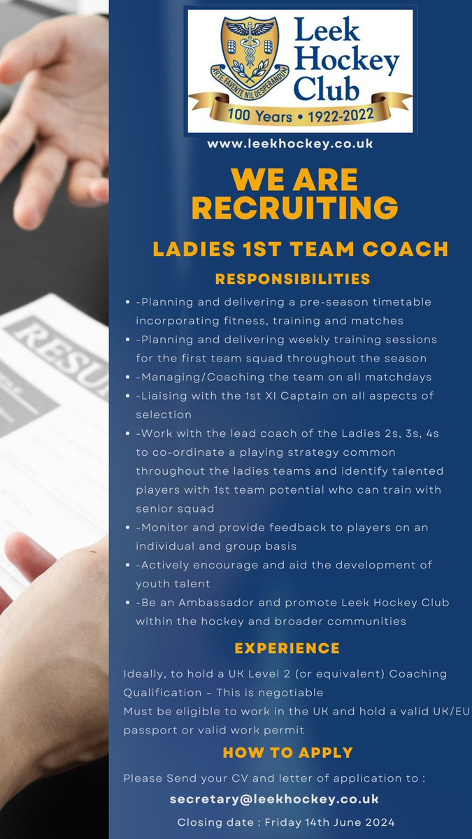 Are you passionate about hockey and an enthusiastic Hockey Coach?

We are looking for a Coach or Assistant Coach to lead/support the Ladies First Team Squad.

If you are interested, or want to find out more information please contact us via secretary@leekhockey.co.uk