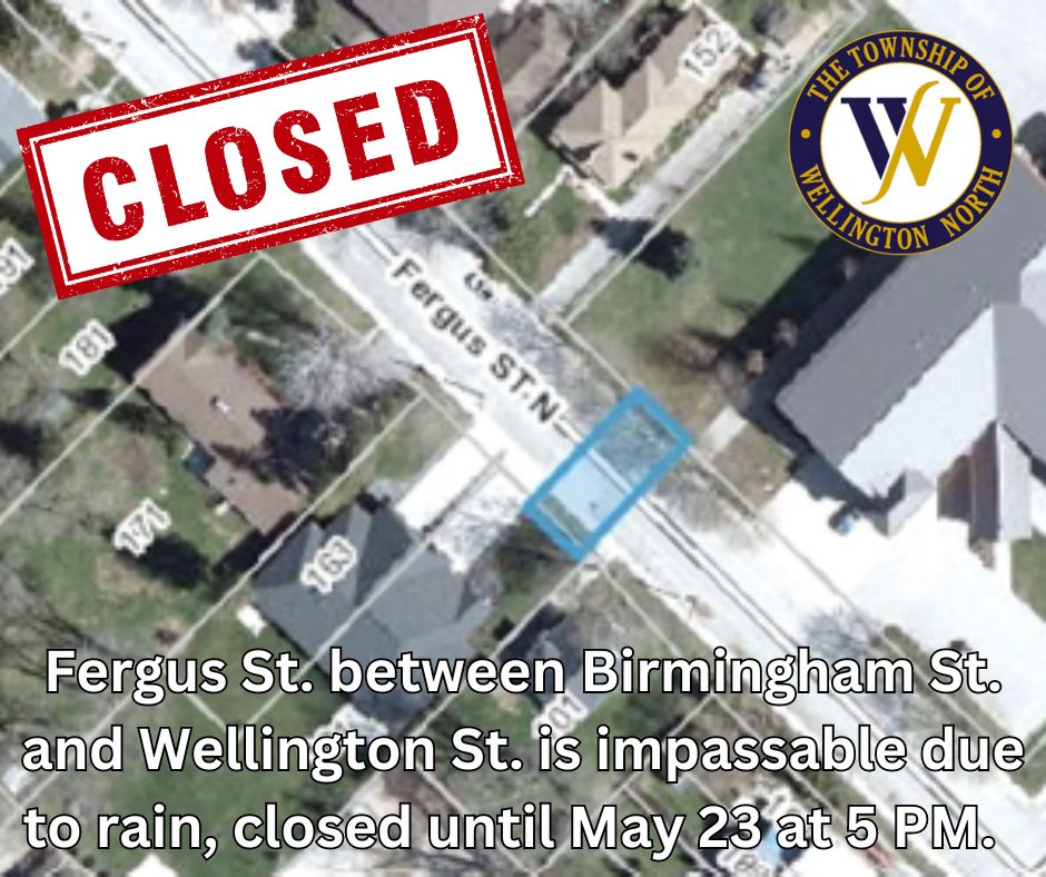 🚨 Due to heavy rain, Fergus St North in Mount Forest is closed between Birmingham St and Wellington St. The section from 101 to 161 Fergus St North is impassable until 5:00 pm on May 23, 2024. Stay safe! 🌧️🚧 #MountForest #RoadClosure #SafetyAlert