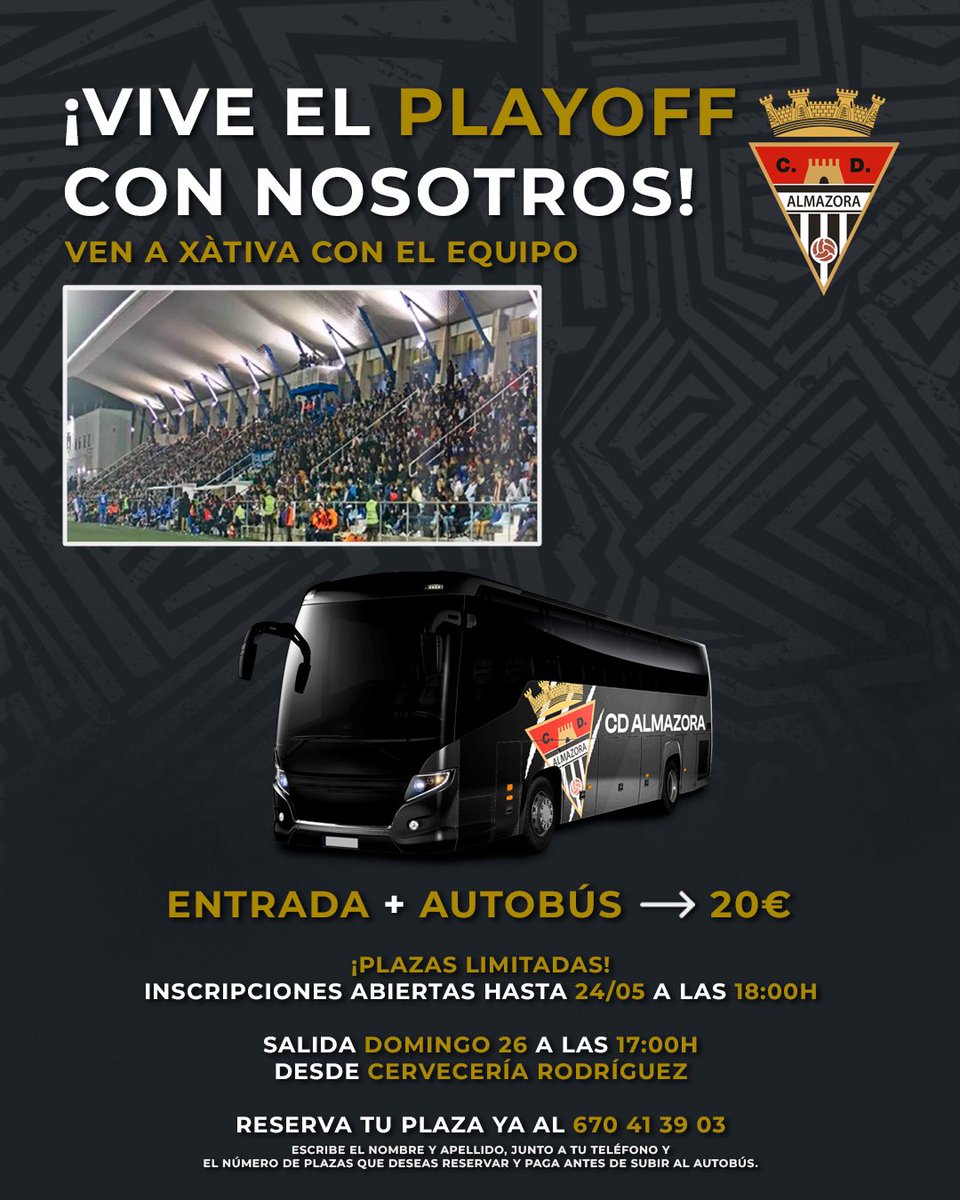 CD_Almazora's tweet photo. ⚽️ ¡𝗩𝗜𝗩𝗘 𝗘𝗟 𝗣𝗟𝗔𝗬𝗢𝗙𝗙 𝗖𝗢𝗡 𝗡𝗢𝗦𝗢𝗧𝗥𝗢𝗦! ⚪️⚫️

🗣️ Ven a Xàtiva con el club y no dejes solo al equipo.

🎫 Entrada + Autobús - 20€

‼️ ¡Plazas limitadas!
📌 Inscripciones válidas hasta el viernes 24 a las 18:00 horas. https://t.co/22c4auHbQj