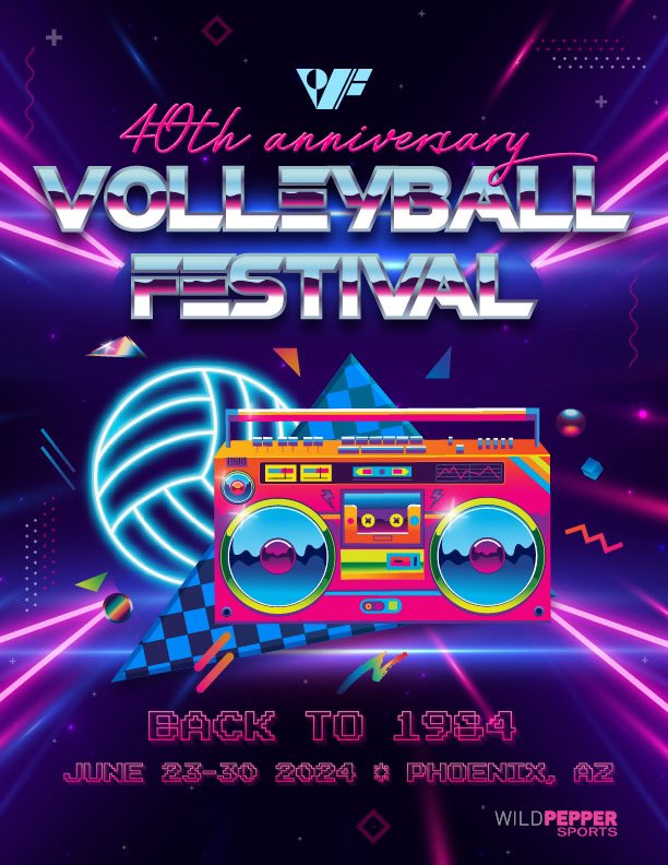 VBFestival's tweet photo. The 2024 Volleyball Festival Championships theme will be “Back to 1984” to celebrate our 40th Volleyball Festival! We will also encourage everyone to participate in “Crazy Sock Day” on Day 2 of play for each session. Can’t wait to celebrate with you all! https://t.co/D5uEpJTW7t