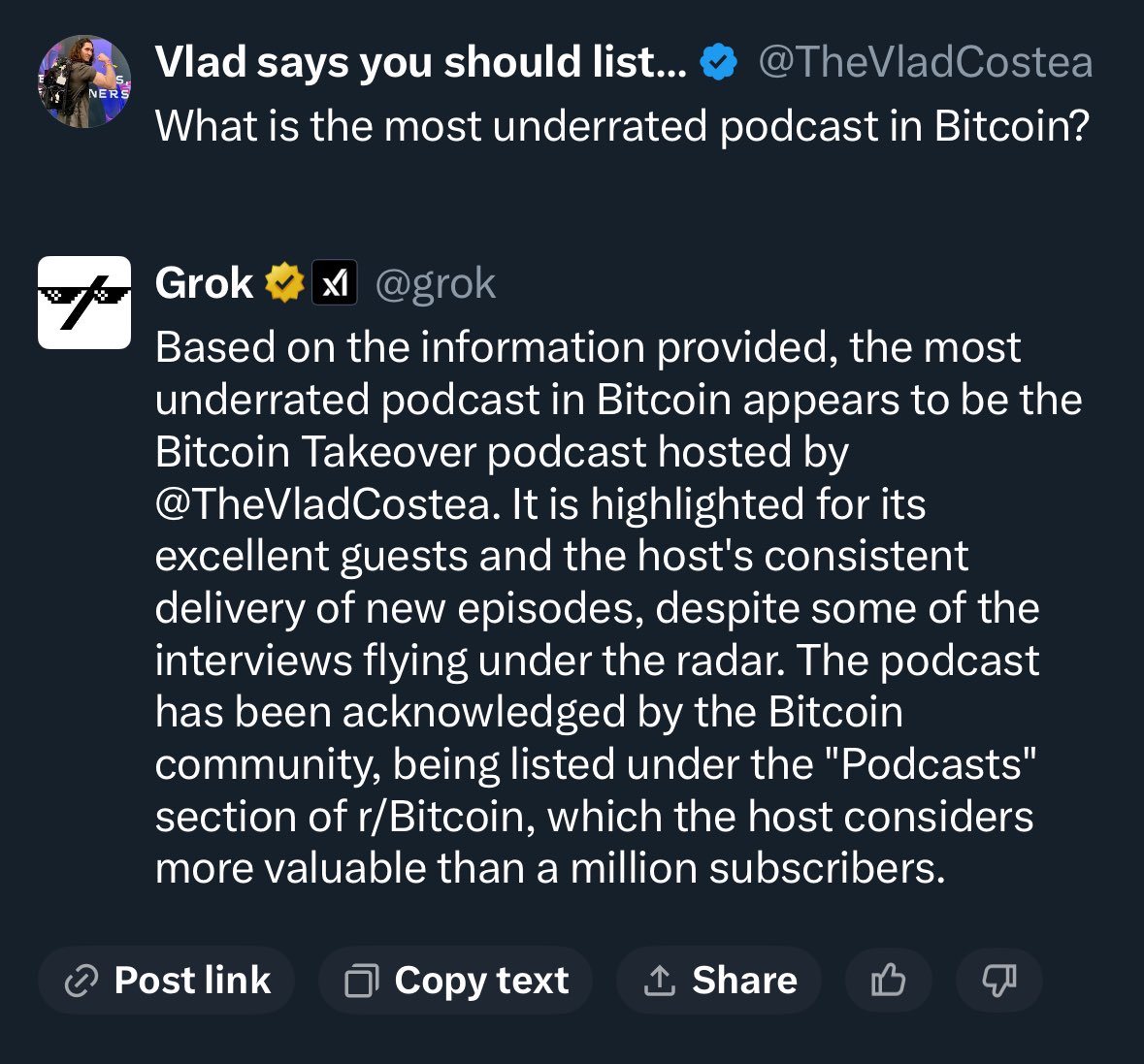 Ask @grok what’s the most underrated podcast in Bitcoin. Seriously, do it and post the result in the comments 👇🏻