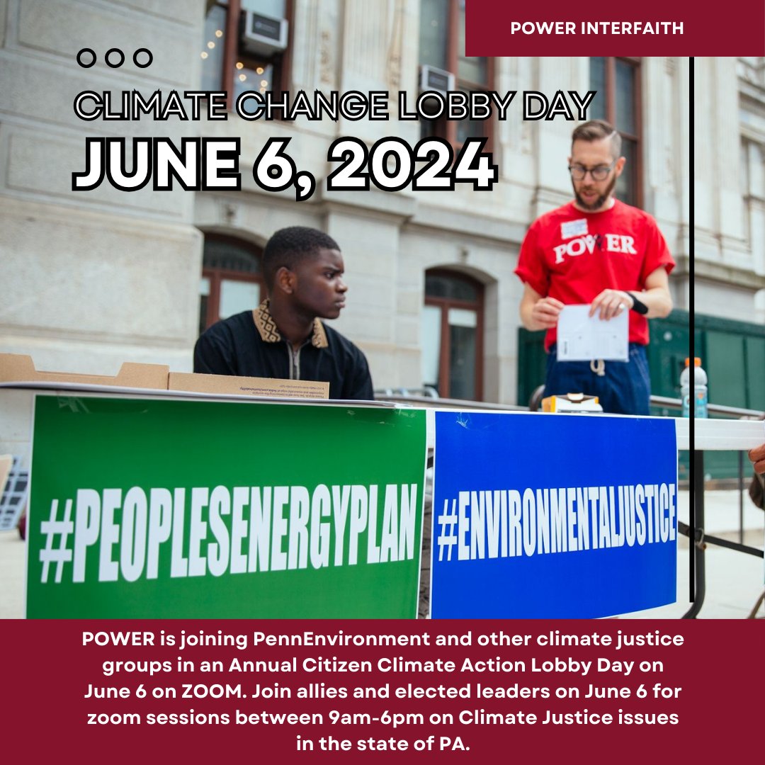 powerinterfaith's tweet photo. POWER's Climate Justice and Jobs team invites you to have a voice in the virtual corridors of power. Join allies and elected leaders on June 6 for zoom sessions between 9-6 on Climate Justice issues in the state of PA. Register here!  https://t.co/2cO7Sam107 https://t.co/onPqOxrku2