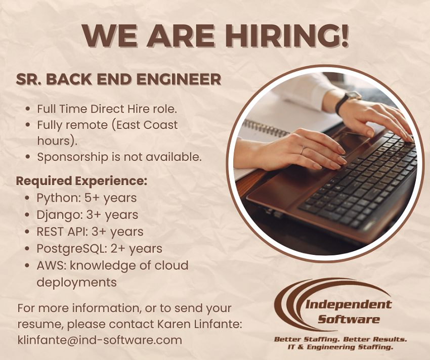 ISESInc's tweet photo. Contact Karen Linfante: klinfante@ind-software.com for more information on this fully remote/direct hire role: https://t.co/agfYLj3VW7
#backendengineer #python #rest #aws #django #sql #ITjobs #remotejobs #engineering #womenbusiness https://t.co/ghlckXJLpT