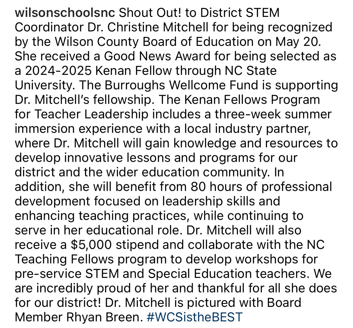 WilsonSchoolsNC's tweet image. Shout Out! to District STEM Coordinator Dr. Christine Mitchell for being recognized by the Wilson County Board of Education on May 20. She received a Good News Award for being selected as a 2024-2025 Kenan Fellow through NC State University. #WCSistheBEST