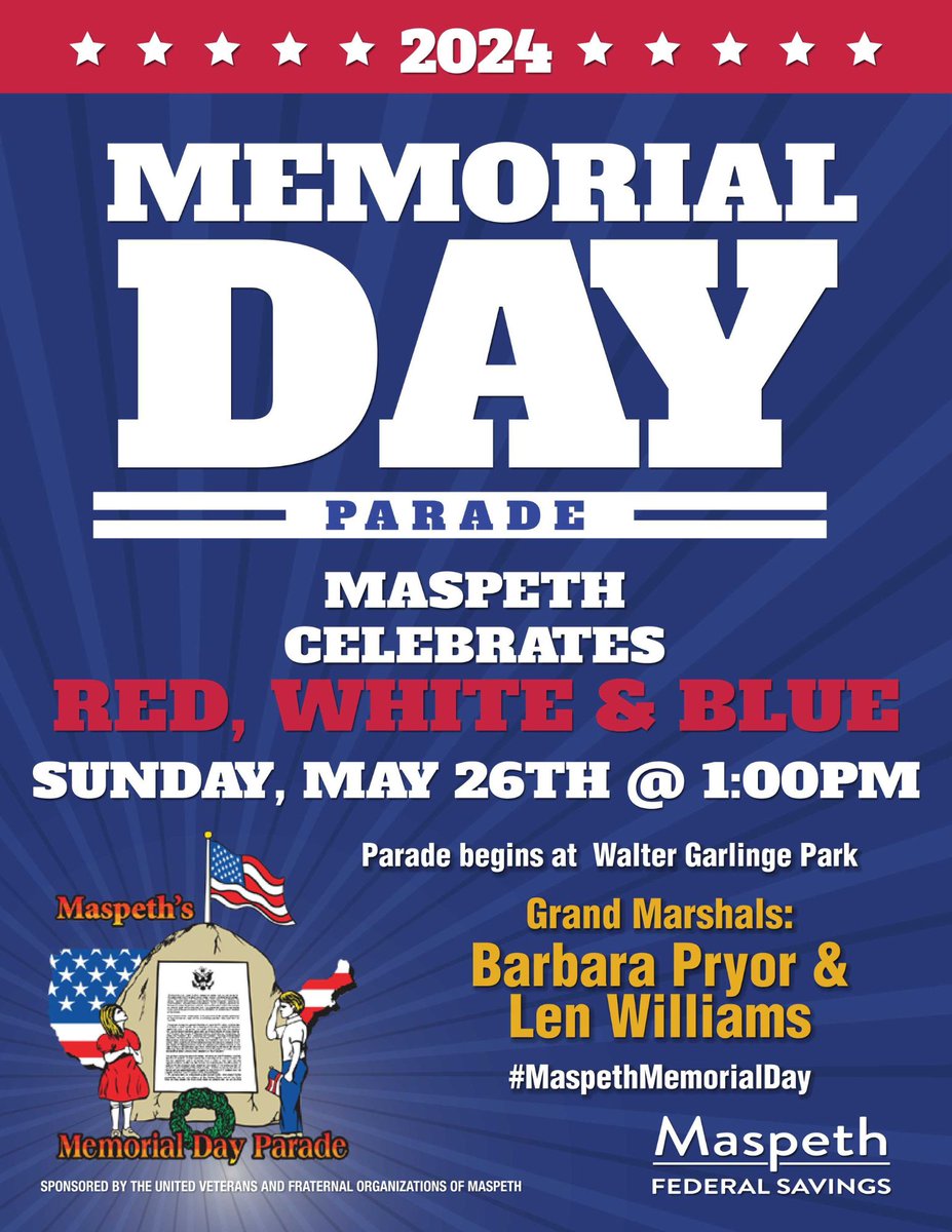 The Maspeth #MemorialDay Parade is happening on Sunday, May 26th, 2024, starting at 1 PM at Walter Garlinge Park. Join us, @MaspethFederal, UVFOM, and the Maspeth community as we honor and remember the courageous men and women who made the ultimate sacrifice for our country.