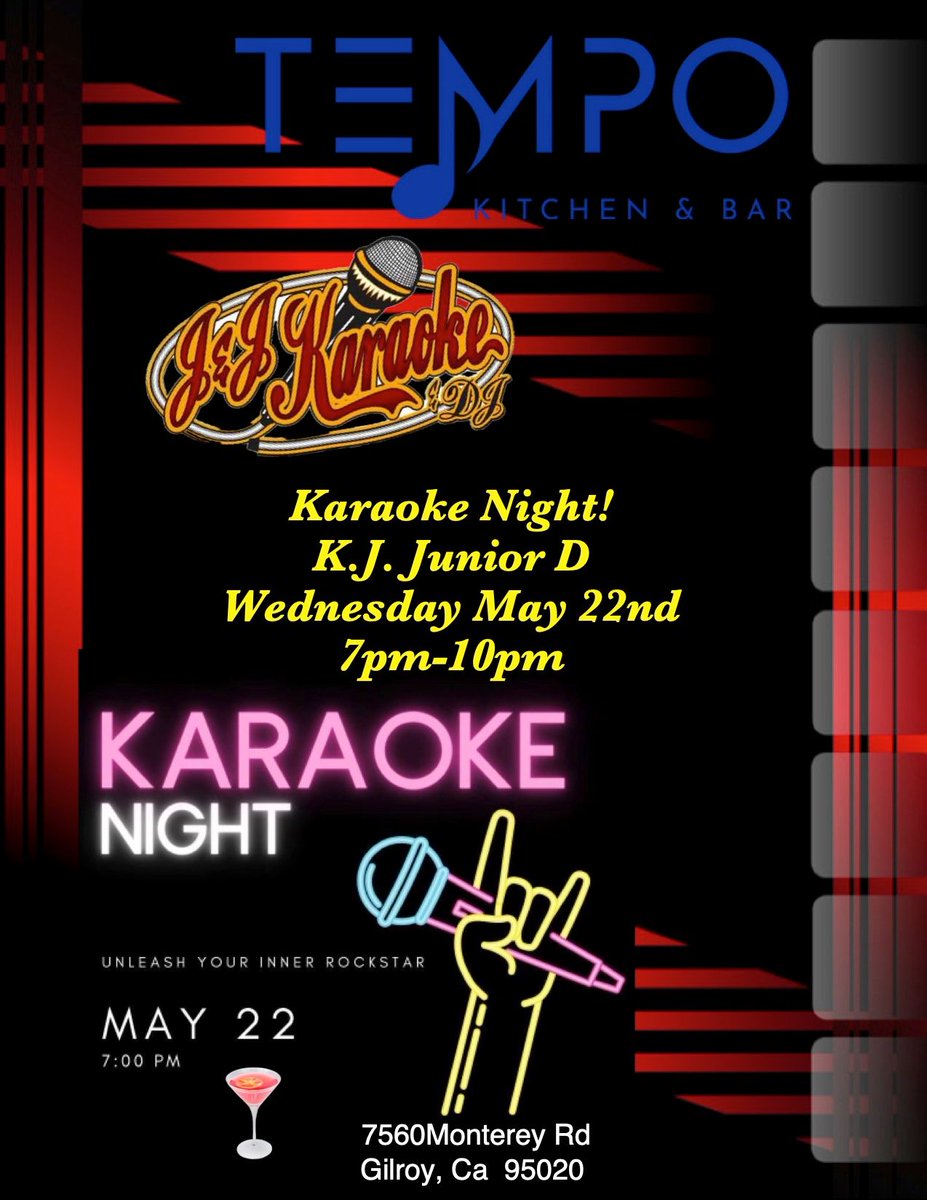 Karaoke tonight at 7pm! Unleash your inner rock star! #karaoke #gilroy #tempokb