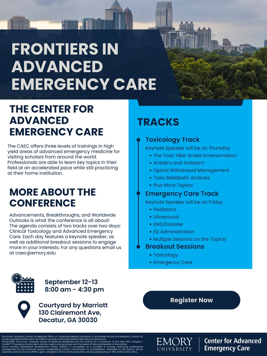 Emory's Center for Advanced Emergency Care website is now live! You can now register for our first annual conference. Frontiers in Advanced Emergency Care will take place September 12-13. Click the link and scroll down. cmetracker.net/EMORY/Publishe…