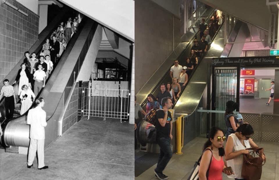 Blast from the STAN past - The escalator down from Platform 1 at Circular Quay Railway Station on the station’s opening day, 21st January 1956 and the same view on the 62nd Anniversary, 21st January 2018. [1956-Fairfax Archives>2018-Phil Harvey]