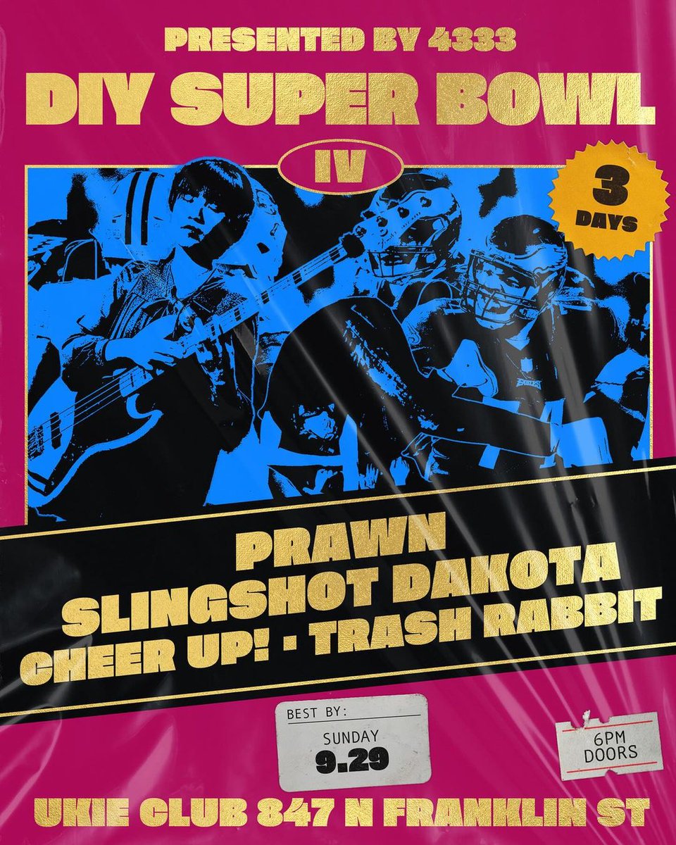 Prawn (<a href="/PrawnMusic/">Prawn</a>) is back and they will be headlining day 3 of the DIY Super Bowl this year alongside long time favorites <a href="/slingshotdakota/">Slingshot Dakota</a>💌

Full lineup for the whole fest will be announced soon, day 3 tickets on sale Friday at 11am. See you at the gig 🤝

Flyer by @ghostbongo