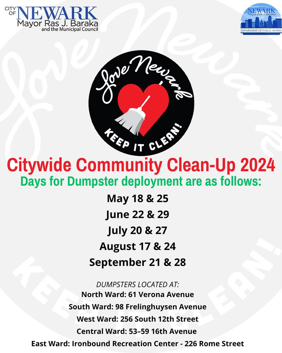 Citywide Community Clean-Up! ♻️ Utilize this opportunity to do some spring cleaning, help beautify the city, and work with your neighbors to show everyone that we #LoveNewark Clean-up continues this Saturday, May 25th.