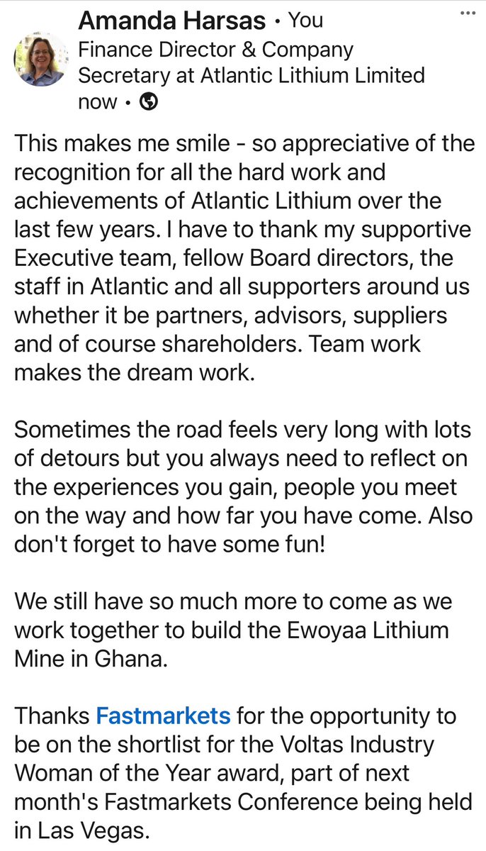 Wow 🤗 sometimes you get a chance to reflect on your achievements ~ this stopped me in my tracks ~ thanks @FastmarketsMM for the recognition ~ @AtlanticLithium and team for the support & opportunity ~ see thanks below 👇🏼 #Chargingthechange #ALL $A11 #ALLGH $ALLIF #Lithium