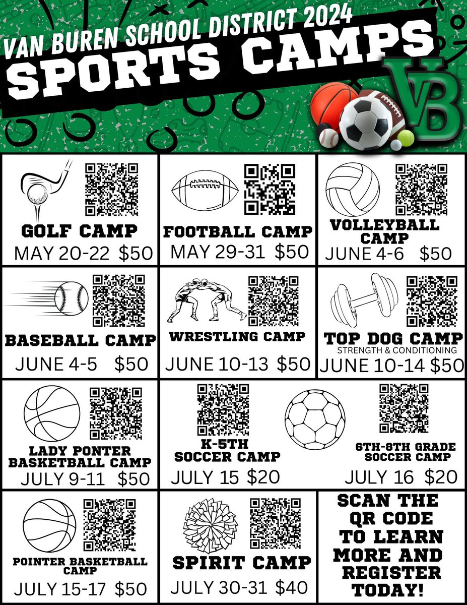 Check out VBSD's 2024 sports camps! Summer camps offer a wonderful opportunity for students to stay active, learn/develop new skills, and make lasting friendships. Simply scan the QR codes to access the registration forms and secure a spot today. Don't miss out on the fun and