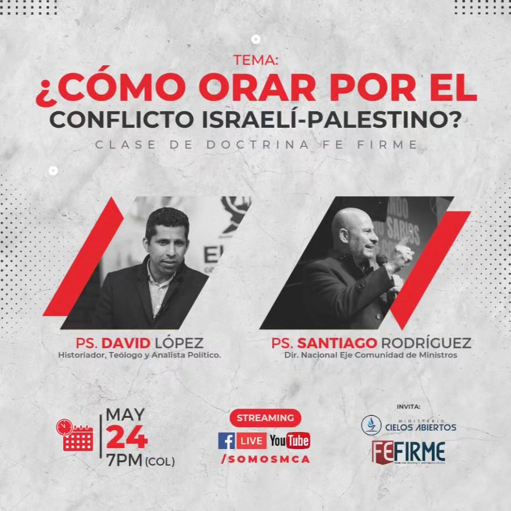 Este #Viernes 24 de Mayo a las 7:00PM (Col) hablaremos de ¿Como orar por el conflicto Israelí - Palestino, con el historiador, teólogo y analista político #DavidLopez y el pastor Santiago Rodríguez.

#conflicto #israel #palestina #conflictoisraelpalestina

instagram.com/p/C7SF-IoOqzv/…