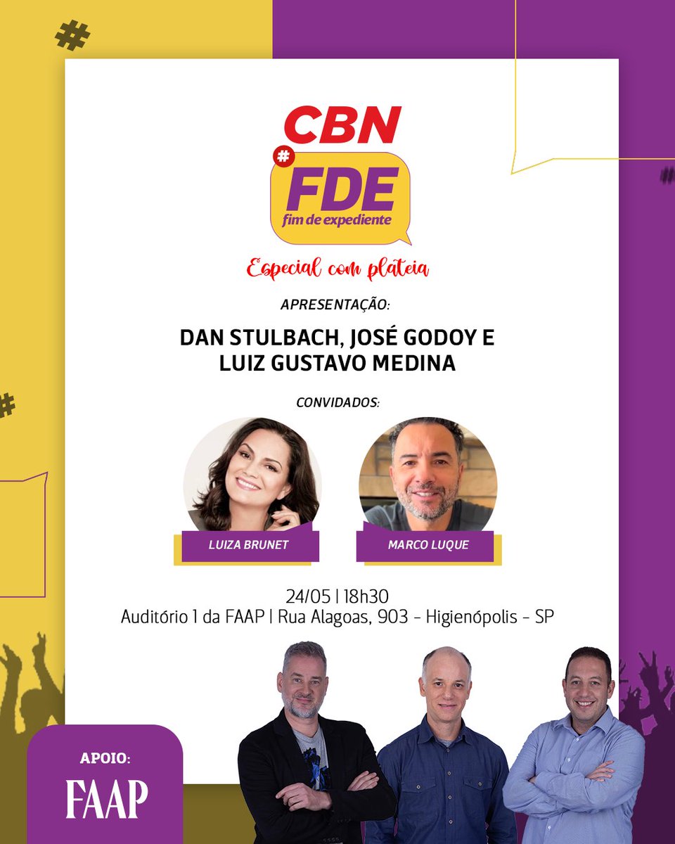 Luiza Brunet e <a href="/MarcoLuque/">Marco Luque</a> são os convidados do <a href="/fdecbn/">Fim de expediente</a> especial com plateia de amanhã (24)! <a href="/danstulbach/">Dan Stulbach</a>, <a href="/tecomedina/">Teco</a> e José Godoy (<a href="/Artedeandar/">José Godoy</a>) ainda esperam por você para comemorar os 18 anos de programa! #NoArNaCBN 

Participe: cbn.globo.com/programas/fim-…