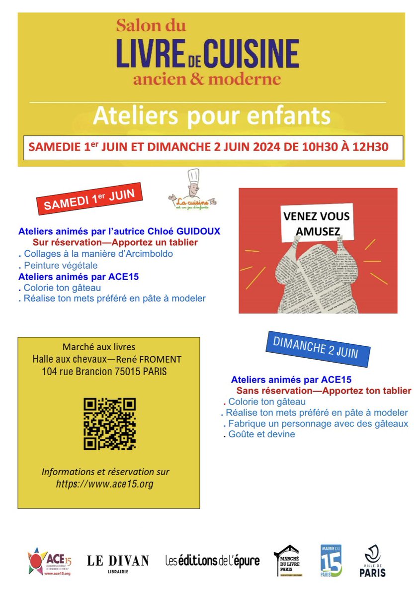 À tous les habitants du 15è, voire du 14è, et surtout aux habitants du quartier Georges Brassens, rendez-vous au Salon du Livre de Cuisine ancien et moderne organisé par la dynamique association @Ace15Asso !