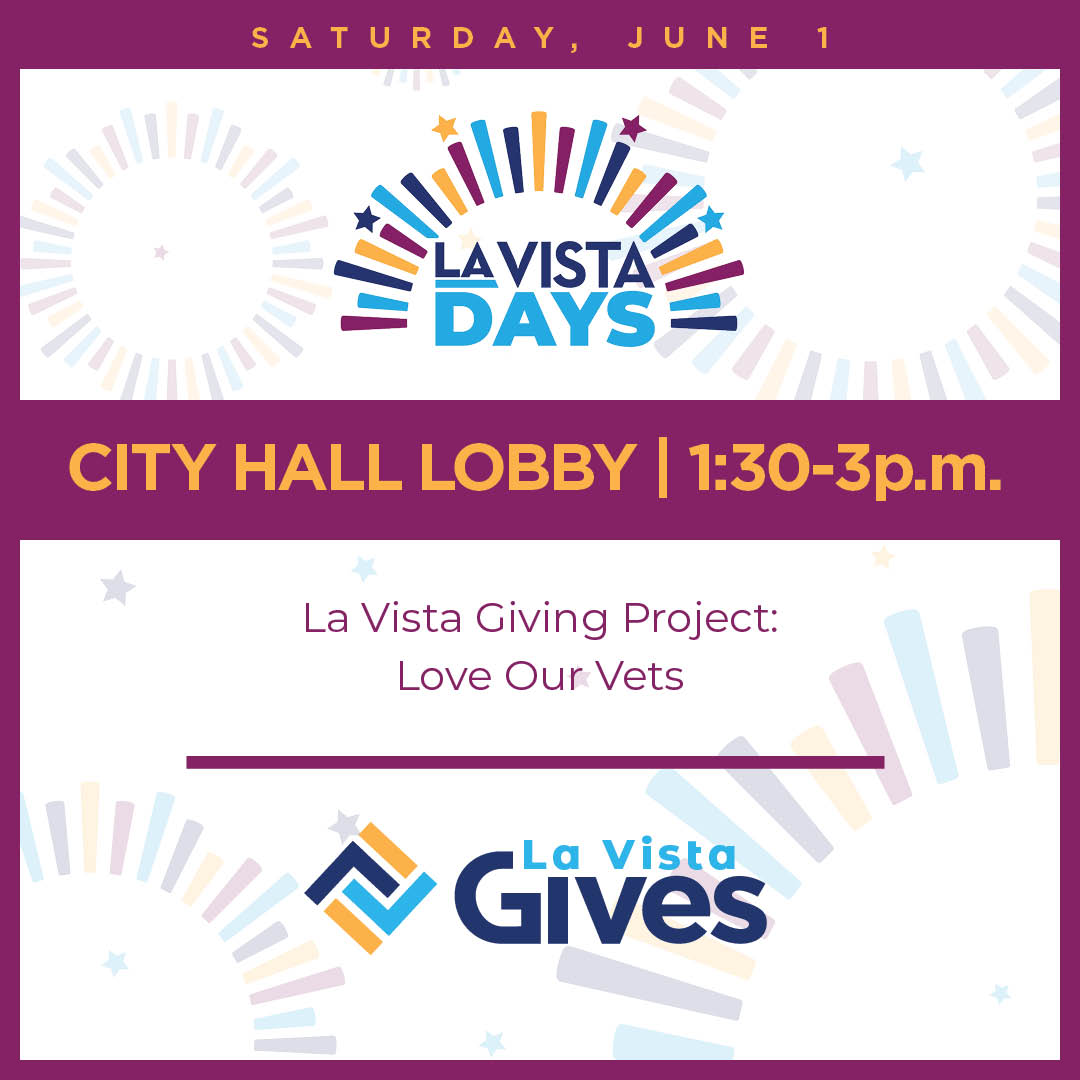 Stop inside City Hall during La Vista Days to be part of The La Vista Giving Project and pack a kit with hygiene items for a veteran in need. Supplies are provided and any age can participate. Completed kits will be given to the local non-profit Moving Veterans Forward.