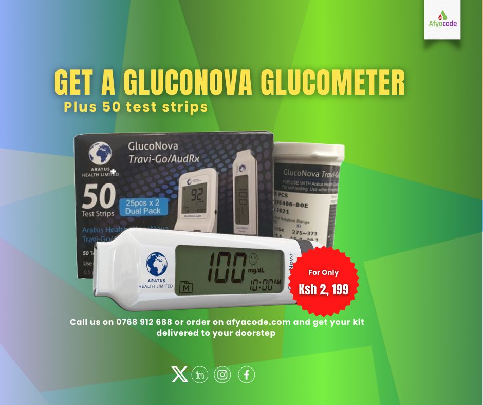 afyacode's tweet photo. The best preventative measure against diabetes is regular testing!

Get this self-testing combo of Gluconova glucometer &amp; 50 test strips for an affordable price of Only Ksh 2,199

Order here https://t.co/1WNsjssOwQ 

#DiabetesManagement #Afyacode https://t.co/Dd70U1qCNO