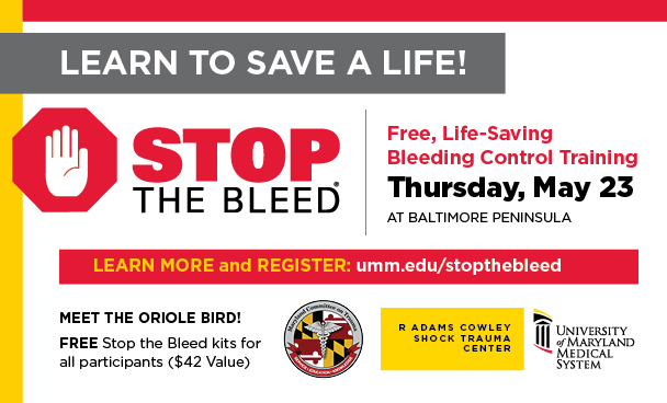 Every second counts. Whether it's a car crash, gunshot wound, or any accident with severe bleeding, time is of the essence. That's why learning Stop the Bleed is crucial. Join us on May 23rd at Baltimore Peninsula. Classes run from 8-6. To Register: umm.edu/stopthebleed