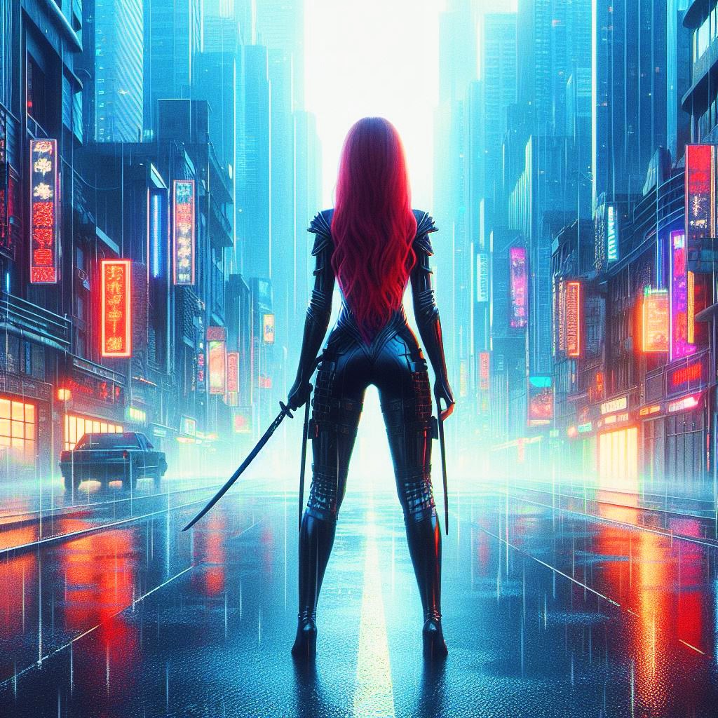 Her heart is a furnace of fury, fueled by a past unjust, she strides through the neon rain, a tempest in her trust, seeking vengeance for the lynching of her love… #neoncity #synthwave #retrowave