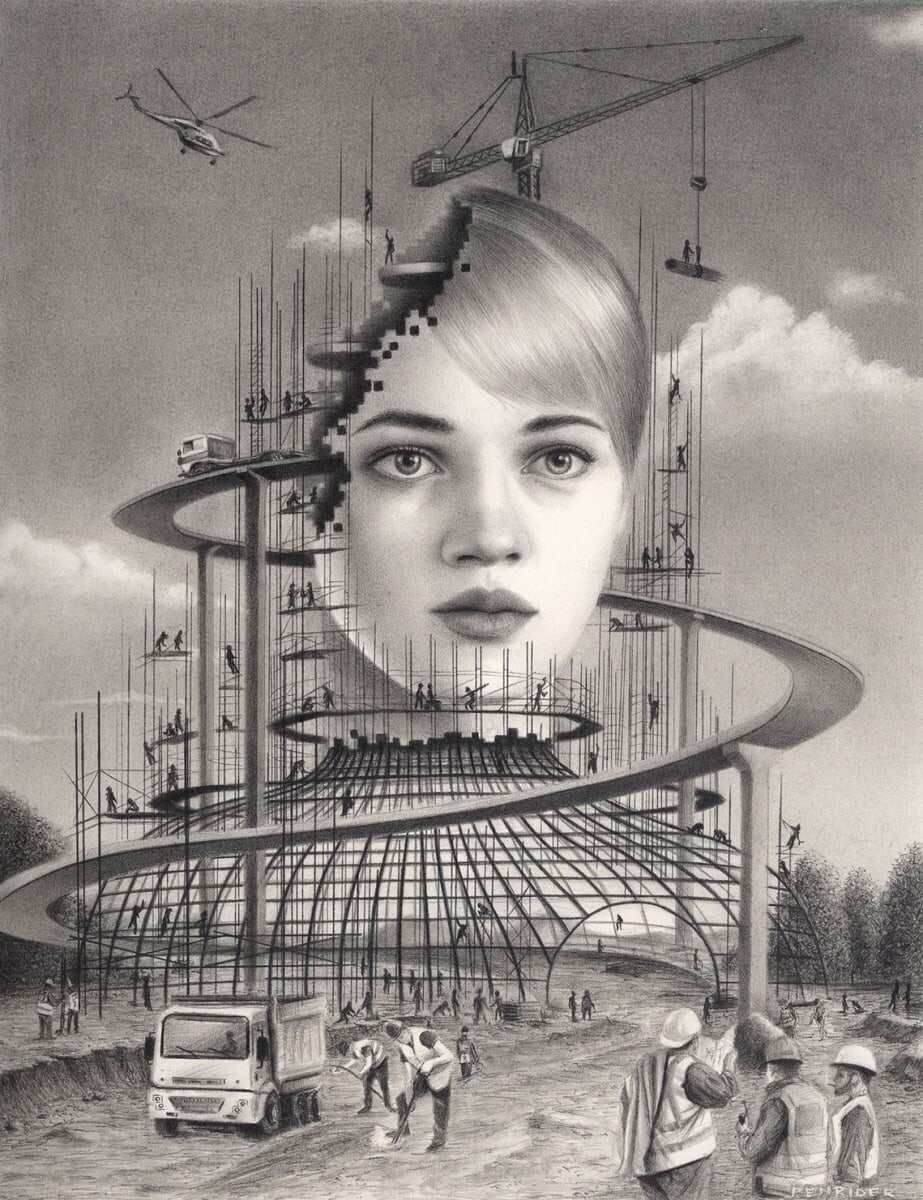 Did you know that Carlos Fdez is celebrating his third solo show at @HavenGallery?! Through thoughtful narrative and surrealist ideations, his works are truly inspiring. View the collection today! Under construction III graphite on paper havengallery.com