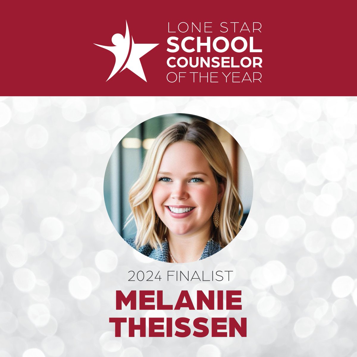Texas! We proudly announce our 2024 TX School Counselor of the Year Finalists! Pls retweet &amp;help us congratulate Melanie Theissen  for her outstanding top-notch comprehensive counseling program! Keep shining! #TEXAS #lsssca❤️🎉