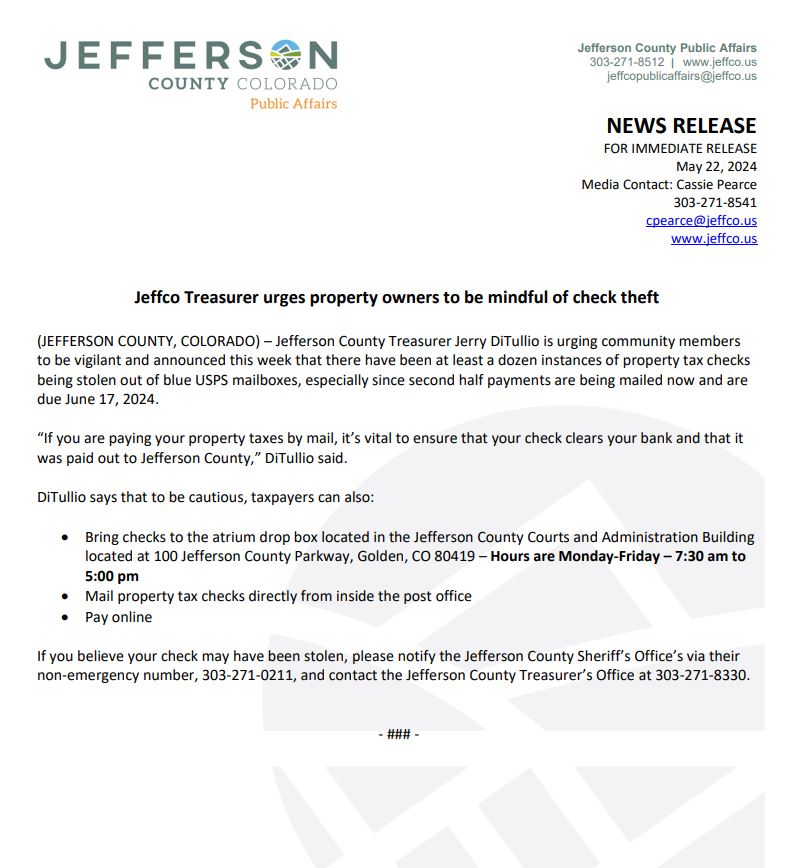 Please see news release.  My staff is working with and supporting the taxpayers who have had their checks stolen out of the USPS mailboxes, washed, and then cashed.

What a very interesting year, so far. 😳

#jeffco <a href="/jeffcosheriffco/">Jeffco Sheriff</a> <a href="/KarenMorfitt/">Karen Morfitt</a> #copolitics <a href="/ColoradoSun/">The Colorado Sun</a>