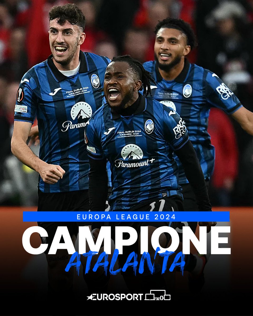 Eurosport_IT's tweet photo. L'ATALANTA VINCE L'EUROPA LEAGUE! 🤩🏆🔵⚫

É impresa della Dea a Dublino, che batte 3-0 il Bayer Leverkusen grazie alla tripletta di Lookman e conquista il suo primo trofeo europeo!

#EuropaLeague #UEL #UELFinal #Atalanta https://t.co/7AoJfTFYht