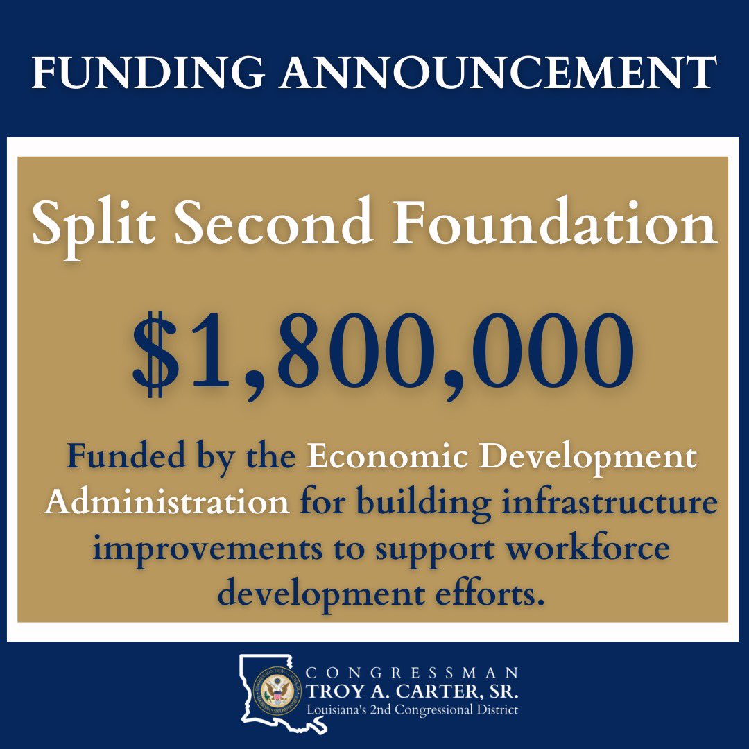 The @US_EDA has granted $1.8 million to #SplitSecondFoundation for infrastructure improvements that support #WorkforceDevelopment. This highlights a commitment to equitable economic growth in #Louisiana and I’m proud to work with the #EDA toward the #InvestingInAmerica agenda.