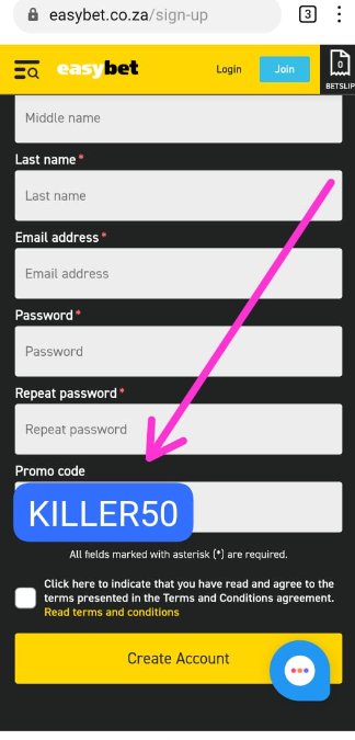 Register Easybet click👇here 🔥 ebpartners.click/o/0whhvh 🍏Promo Code : KILLER50 ⚽Get R50 Voucher ⚽25 free spins🔥 ✅BetCode-362056 ✌️Kick off 00.00