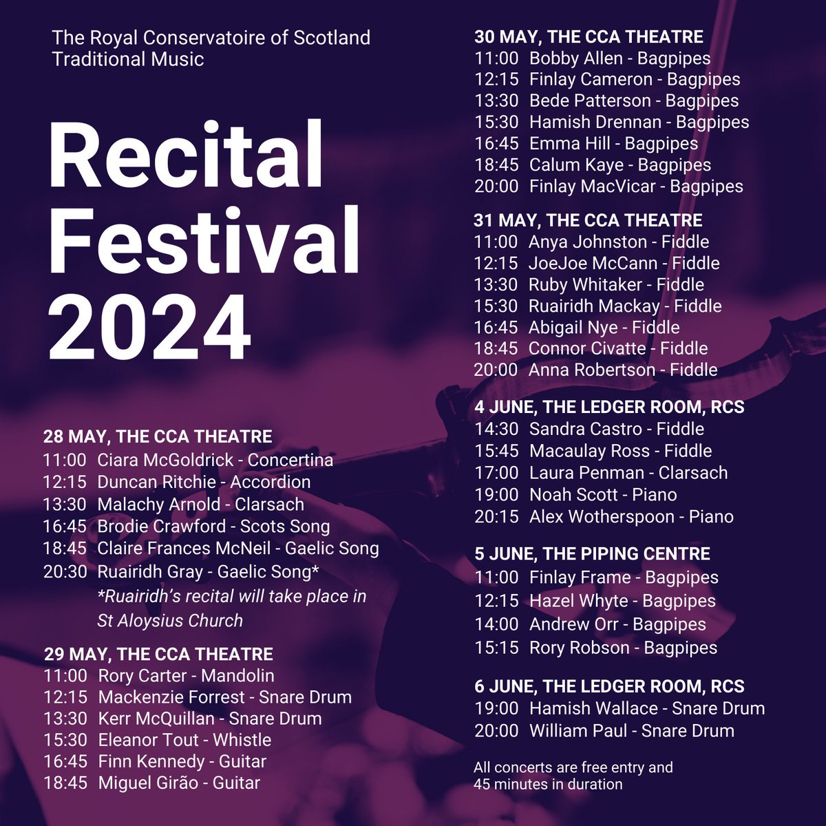 Our annual Recital Festival takes place between 28th May - 6th June. Come and join us for a fantastic series of concerts, all are 45 minutes in duration and free entry.