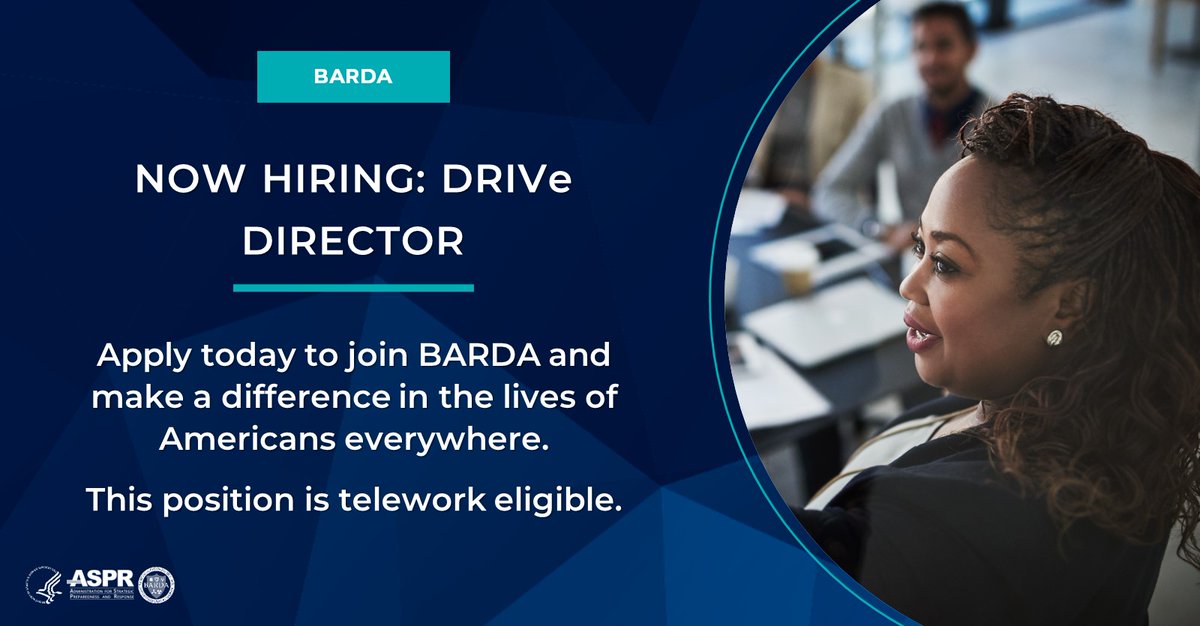 Interested in joining BARDA to be at the forefront of #medicalcountermeasure innovation & enhance national preparedness? We’re #hiring the director to lead our Division of Research, Innovation & Ventures (DRIVe). Applications close on June 19. To apply: ow.ly/lWTn50RQNJw