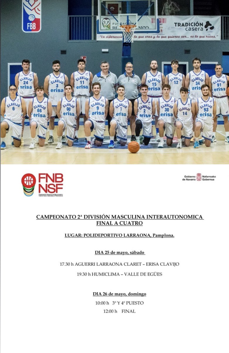 CBCLAVIJO's tweet photo. 📅Este fin de semana ,25 y 26 de Mayo se celebra la final four de segunda división masculina en el polideportivo Larraona (📍Pamplona). Nuestro equipo ERISA CLAVIJO jugará este sábado a las 17:30 la primera fase de la final four vs AGUERRI LARRAONA CLARET💪🏽💙 
OS ESPERAMOSS!!!!🔜 https://t.co/hHxJorXa9F