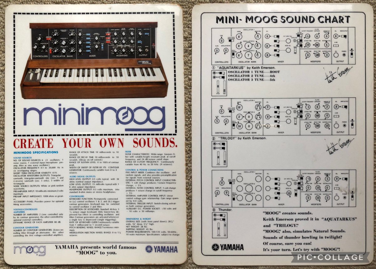 ロバート・モーグさんのお誕生日。
1934.5.23.-2005.8.21.

写真はヤマハさんから頂いた『minimoog』の販促用の下敷きです。
キース・エマーソンさんの『Aquatarkus』と『Trilogy』はこんな感じの調整だったらしいです。

youtu.be/oboQNw9pSWs?si…