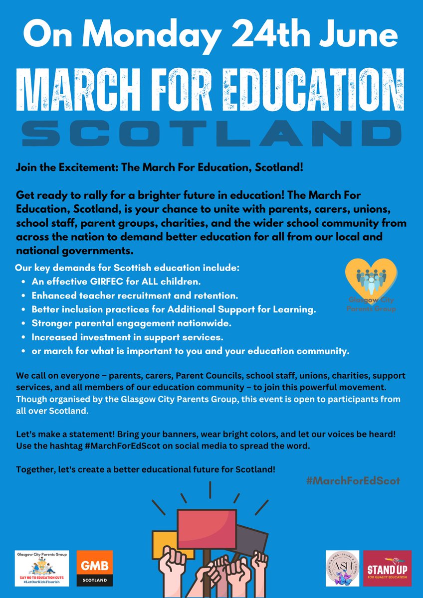 Please share - We call on everyone across our Scottish education community to join this powerful movement. Though organised by GCPG, this event is open to participants from all over Scotland. 

More on the event page: tickettailor.com/events/glasgow…

#MarchForEdScot
#LetOurKidsFlourish💛